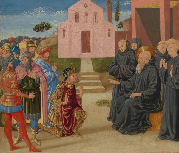 Main Product Photo of Totila before Saint Benedict Painting by Benozzo Gozzoli