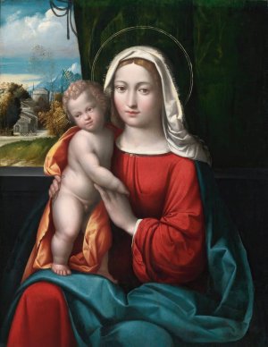 Madonna And Child Before A Curtain, A Mountainous Landscape Beyond by Benvenuto Tisi Oil Painting