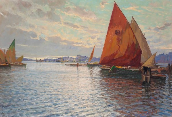 Fishing vessels moored off an Italian town at dusk by Beppe Ciardi - Hand-Painted Oil Painting Reproduction