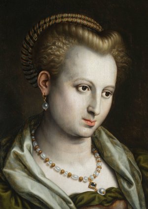 Female head turned to the right with a pearl necklace by Bernaert De Rijckere Oil Painting