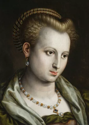 Female head turned to the right with a pearl necklace by Bernaert De Rijckere Oil Painting