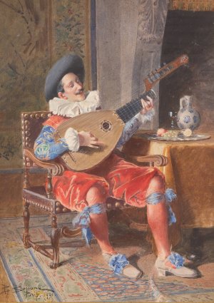 The Lute Player by Bernard Louis Borione Oil Painting