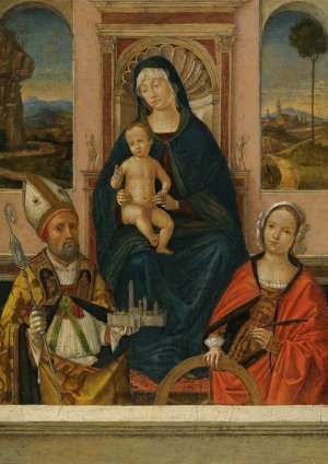 The Madonna And Child Enthroned With Saints Petronius And Catherine Of Alexandria by Bernardino Di Bosio Zaganelli Oil Painting