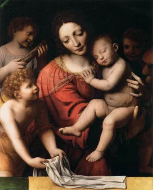 The Virgin Holding the Sleeping Child, with St John and Two Angels Oil painting by Bernardino Luini