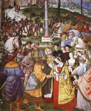 No. 5: Enea Silvio Piccolomini Presents Frederick III to Eleonora of Portugal Detail by Bernardino Pinturicchio - Oil Painting Reproduction