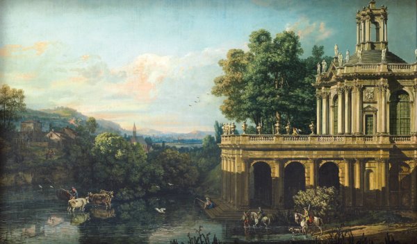 Architectural Caprice with a Palace  by Bernardo Bellotto - Hand-Painted Oil Painting Reproduction