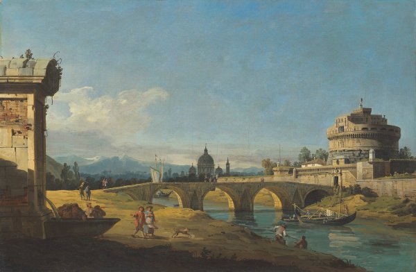 Capriccio with Roman monuments, including the Castel Sant'Angelo and Saint Peter's by Bernardo Bellotto - Hand-Painted Oil Painting Reproduction