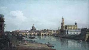Dresden seen from the Right Bank of the Elbe, beneath the Augusts Bridge by Bernardo Bellotto Oil Painting