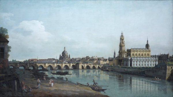 Dresden seen from the Right Bank of the Elbe, beneath the Augusts Bridge  by Bernardo Bellotto - Hand-Painted Oil Painting Reproduction