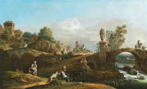 Landscape capriccio with classical and medieval motifs and some buildings from Dresden Oil painting by Bernardo Bellotto