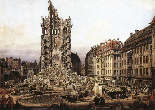 Main Product Photo of The Ruins of the Old Kreuzkirche in Dresden Painting by Bernardo Bellotto