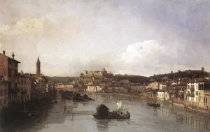 View of Verona and the River Adige from the Ponte Nuovo by Bernardo Bellotto Oil Painting