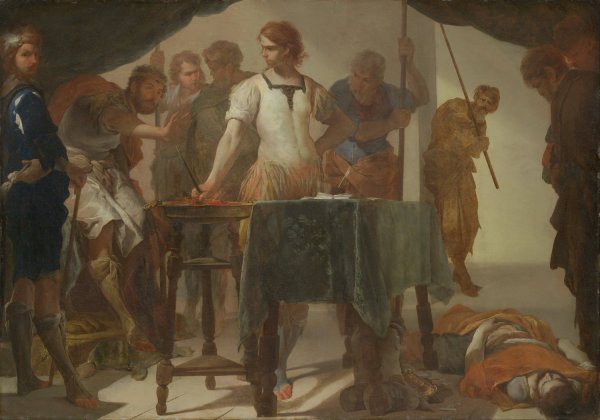 Main Product Photo of Mucius Scaevola Confronting King Porsenna  Painting by Bernardo Cavallino