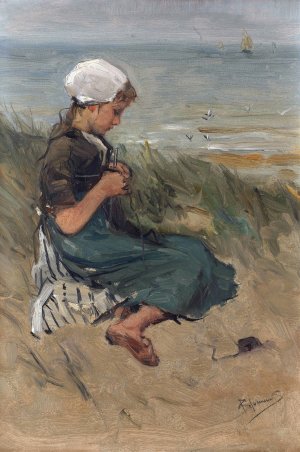 Girl Knitting in the Dunes by Bernardus Johannes Blommers Oil Painting