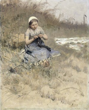 Girl Knitting by Bernardus Johannes Blommers Oil Painting