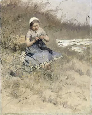Girl Knitting by Bernardus Johannes Blommers Oil Painting
