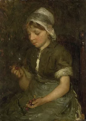 Girl with Cherries by Bernardus Johannes Blommers Oil Painting