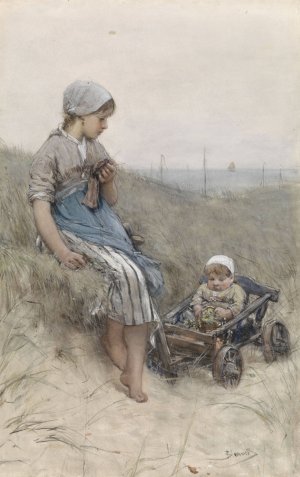 Vissersmeisje met kind in kinderwagen in de duinen by Bernardus Johannes Blommers Oil Painting