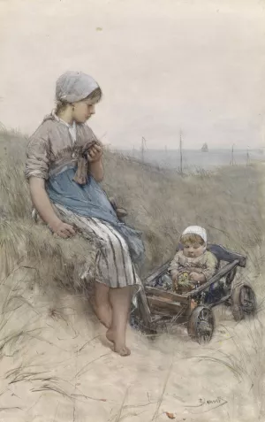 Vissersmeisje met kind in kinderwagen in de duinen by Bernardus Johannes Blommers Oil Painting