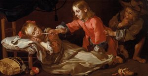 Sleeping girl with two children playing by Bernhard Keil Oil Painting