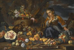 Still Life Of Watermelons, Apples, Figs, Pomegranates, Flowers And Peaches, With A Young Girl Startled By A Monkey by Bernhard Keil Oil Painting