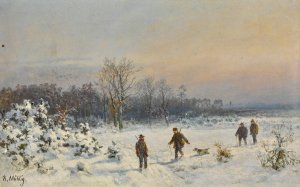 Hunters in the snow by Bernhard Muhlig Oil Painting