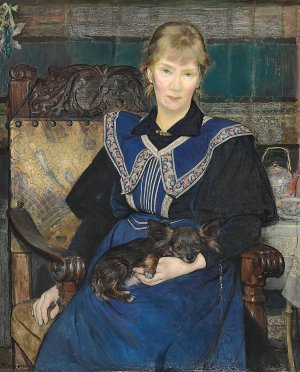 Kvinde i bla kjole med en lille hund i skodet by Bertha Wegmann Oil Painting