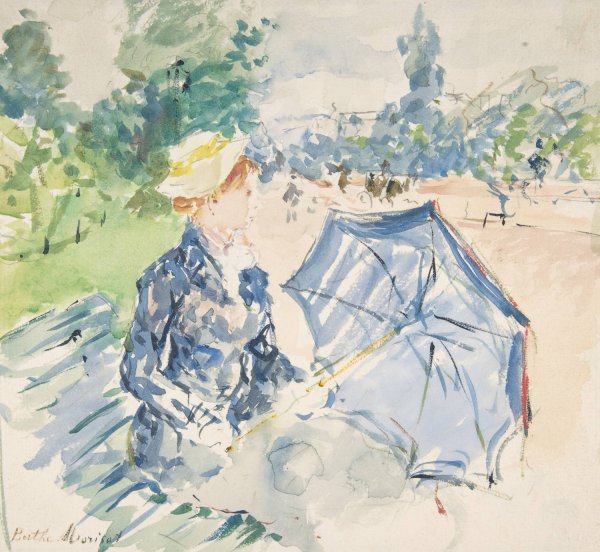 Main Product Photo of A Woman Seated at a Bench on the Avenue du Bois  Painting by Berthe Morisot