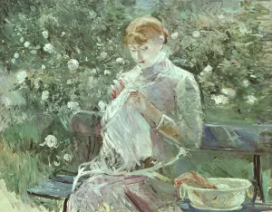 Young Woman Sewing in a Garden by Berthe Morisot Oil Painting