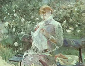 Young Woman Sewing in a Garden Oil painting by Berthe Morisot