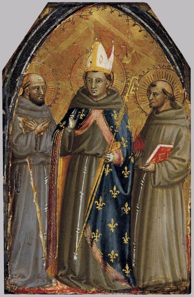 Main Product Photo of Sts Francis of Assisi, Louis of Toulouse and Anthony of Padua Painting by Bicci Di Neri