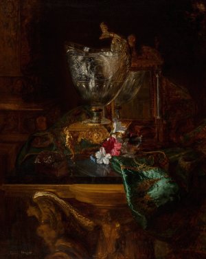 A nautilus cup on a carved stand with a floral still life by Blaise-Alexandre Desgoffe Oil Painting