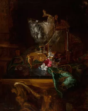A nautilus cup on a carved stand with a floral still life by Blaise-Alexandre Desgoffe Oil Painting