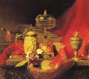 A Still Life With Iris And Urns On A Red Tapestry by Blaise Alexandre Desgoffe - Oil Painting Reproduction