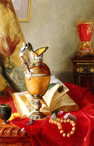 A Still Life With Urns And Illuminated Manuscript On A Draped Table