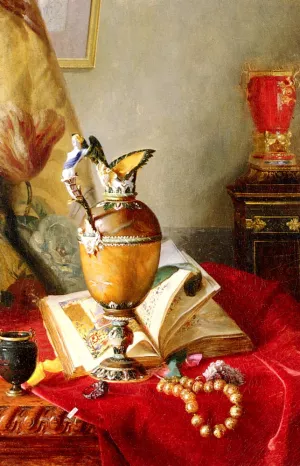 A Still Life With Urns And Illuminated Manuscript On A Draped Table Oil Painting by Blaise Alexandre Desgoffe - Bestsellers