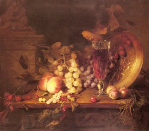 Still Life with Fruit, a Glass of Wine and a Bronze Vessel on a Ledge