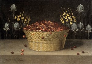 Basket of Cherries and Flowers