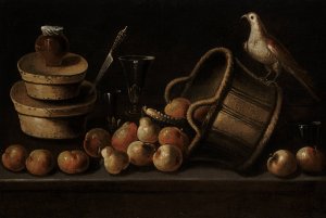 Still Life with Fruit and a Bird by Blas De Ledesma Oil Painting