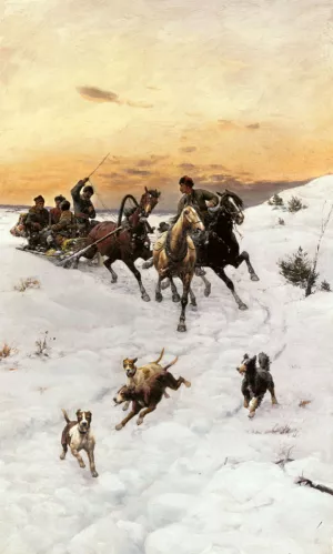 Figures in a Horse drawn Sleigh in a Winter Landscape by Bodhan Von Kleczynski - Oil Painting Reproduction