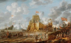 A coastal landscape with Turkish soldiers attacking a Christian fortress by Bonaventura Peeters The Elder Oil Painting