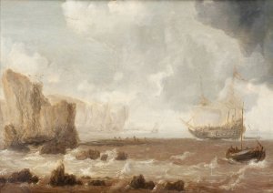 A Dutch Battleship and Sailing Boats in Choppy Seas near a Rocky Coast by Bonaventura Peeters The Elder Oil Painting