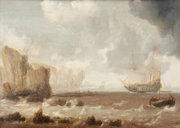 Main Product Photo of A Dutch Battleship and Sailing Boats in Choppy Seas near a Rocky Coast Painting by Bonaventura Peeters The Elder