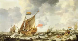 A Rowing Vessel Approaching a Zeeland States Yacht Firing a Salute, in Choppy Seas off Vlissingen, with Other Shipping Beyond painting by Bonaventura Peeters The Elder