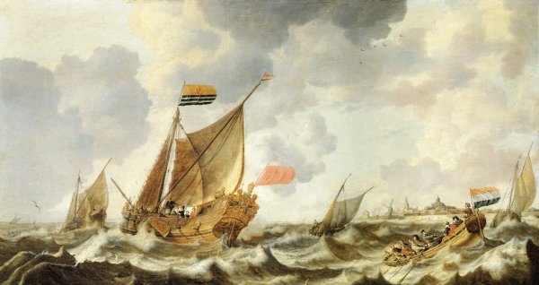 Main Product Photo of A Rowing Vessel Approaching a Zeeland States Yacht Firing a Salute, in Choppy Seas off Vlissingen, with Other Shipping Beyond Painting by Bonaventura Peeters The Elder