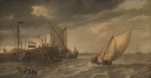 Travellers Disembarking at a Jetty on the Scheldt in Strong Winds by Bonaventura Peeters The Elder Oil Painting