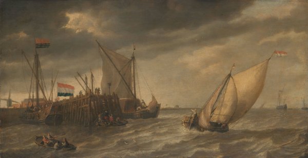 Main Product Photo of Travellers Disembarking at a Jetty on the Scheldt in Strong Winds  Painting by Bonaventura Peeters The Elder