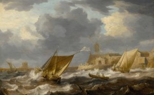 Vessels And A Rowing Boat On Choppy Waters, Near A Small Harbor Town With A Windmill, Possibly Hoboken by Bonaventura Peeters The Elder Oil Painting