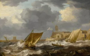 Vessels And A Rowing Boat On Choppy Waters, Near A Small Harbor Town With A Windmill, Possibly Hoboken by Bonaventura Peeters The Elder Oil Painting