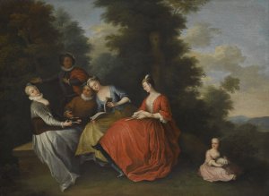 An Elegant Company Seated Outdoors Making Music by Bonaventure De Bar Oil Painting